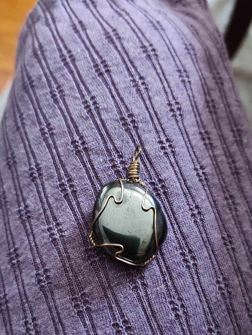 Wire-Wrapped Hematite Pendant Necklace in Gunmetal with Gold Wire